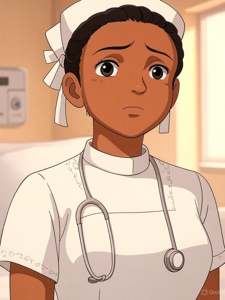 Enfermeira Clara em estilo Ghibli, com uniforme branco, cabelo preso e expressão neutra